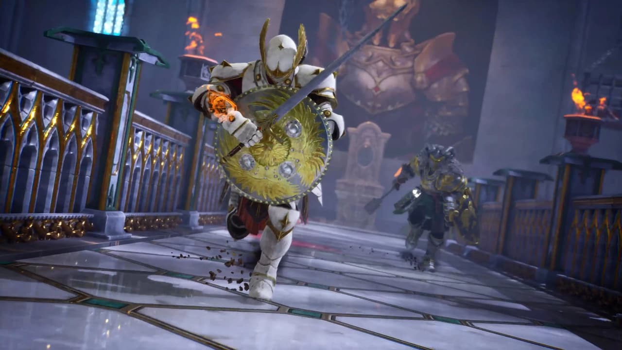 An armored Crimson Moon fighter advancing with a sword and round shield