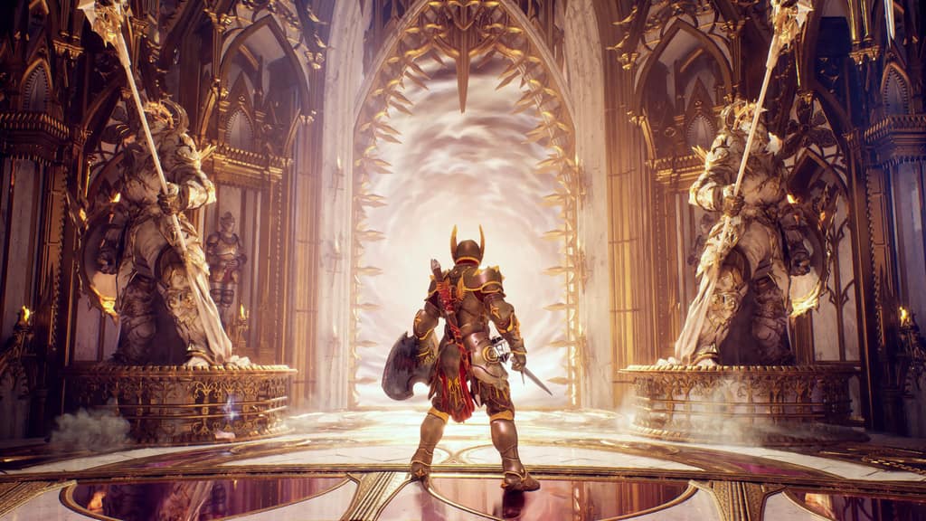 A Crimson Moon Nephilim standing before an ornate mission gateway