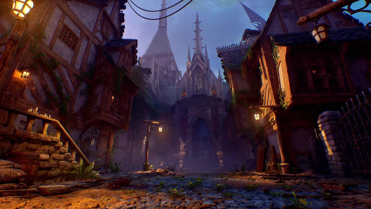 A quiet street leading toward a cathedral in Crimson Moon's Gildenarch